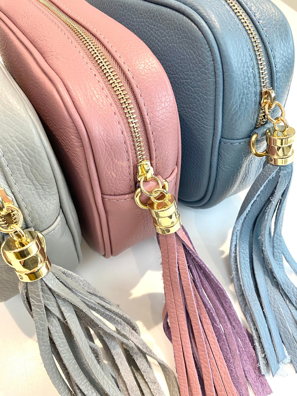 The 'Stella' Leather Crossbody Bag with Tassel - Pink/Blue/Grey-Pink Waters 