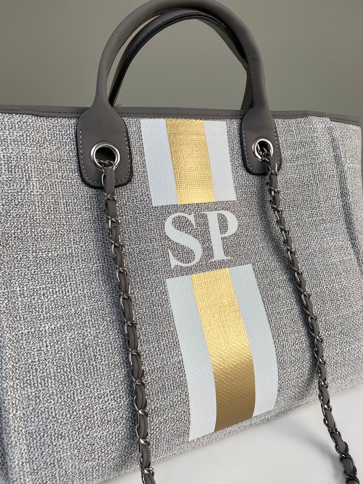 BYBLOS Grey Canvas Tote - Sample sale - Initials SP - Pink Waters 