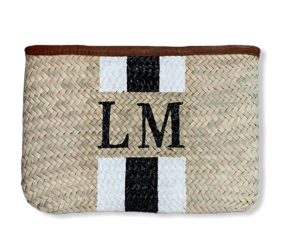 Personalised/Monogrammed Straw Clutch Bag, Leather Trim, Zip Fastening - 'Barcelona'-Pink Waters 