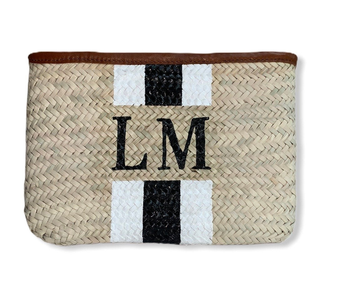 Personalised/Monogrammed Straw Clutch Bag, Leather hot Trim, Zip Fastening - 'Barcelona'