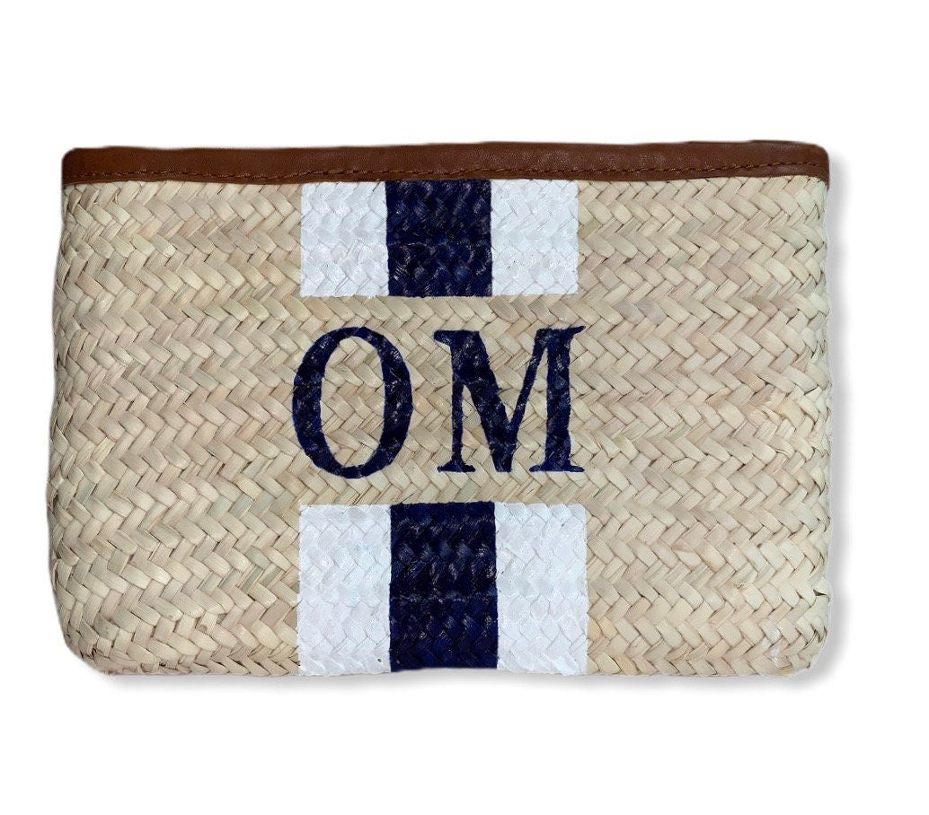 Personalised/Monogrammed Straw Clutch Bag, Leather Trim, Zip Fastening - 'Barcelona'-Pink Waters 