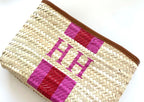 Personalised/Monogrammed Straw Clutch Bag, Leather Trim, Zip Fastening - 'Barcelona'-Pink Waters 