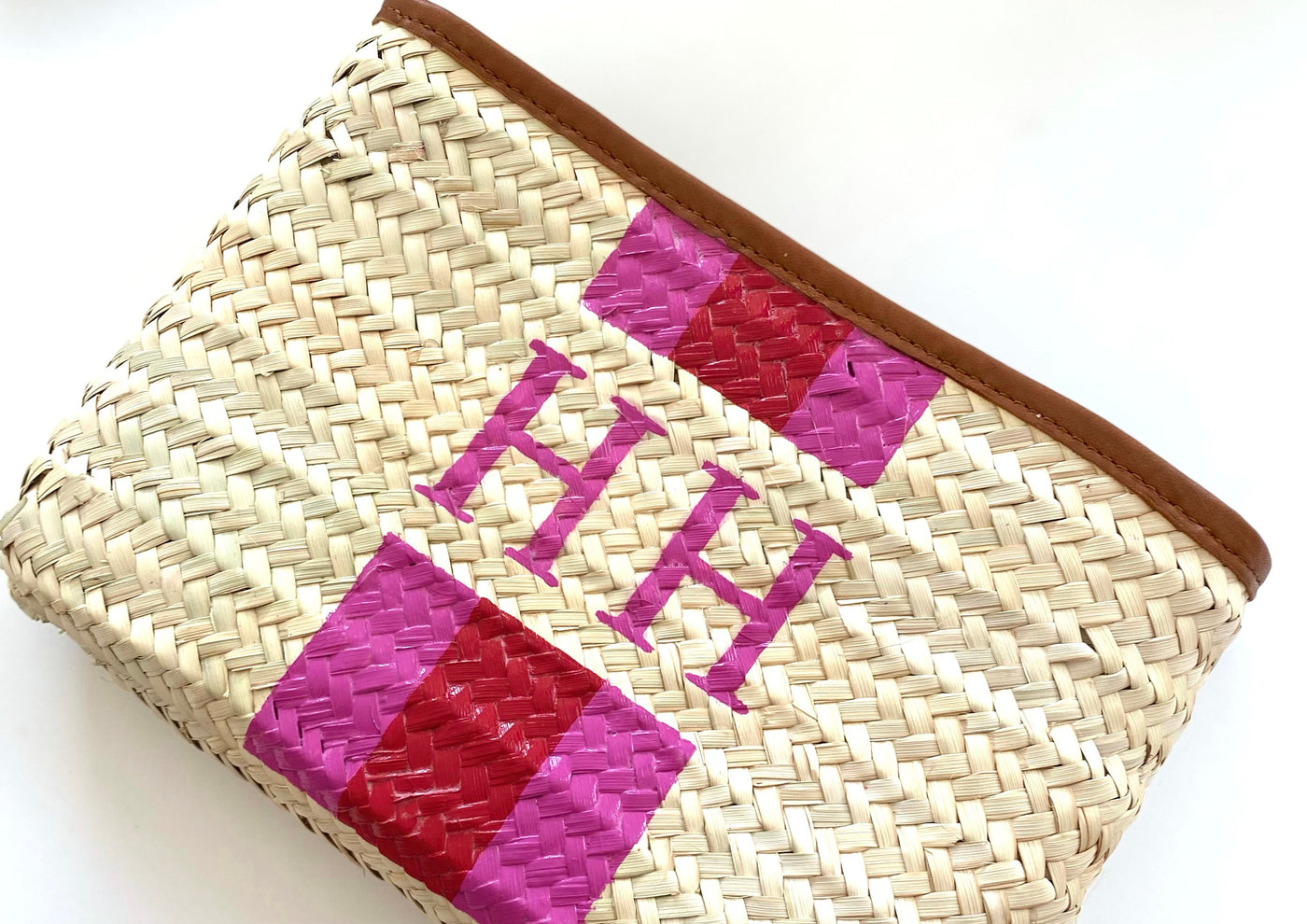 Personalised/Monogrammed Straw Clutch Bag, Leather Trim, Zip Fastening - 'Barcelona' - Pink Waters 