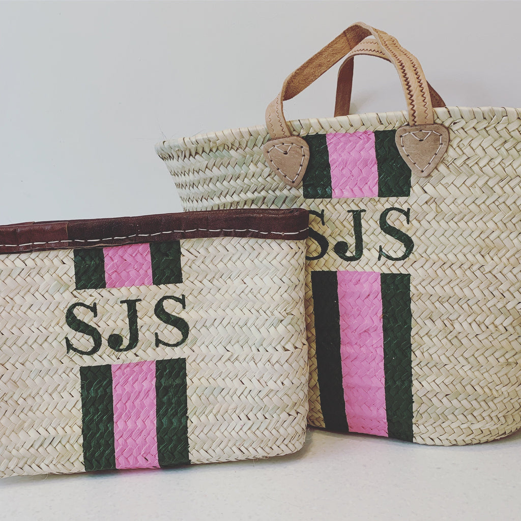 Personalised/Monogrammed Straw Clutch Bag, Leather Trim, Zip Fastening - 'Barcelona'-Pink Waters 