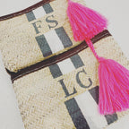 Personalised/Monogrammed Straw Clutch Bag, Leather Trim, Zip Fastening - 'Barcelona'-Pink Waters 
