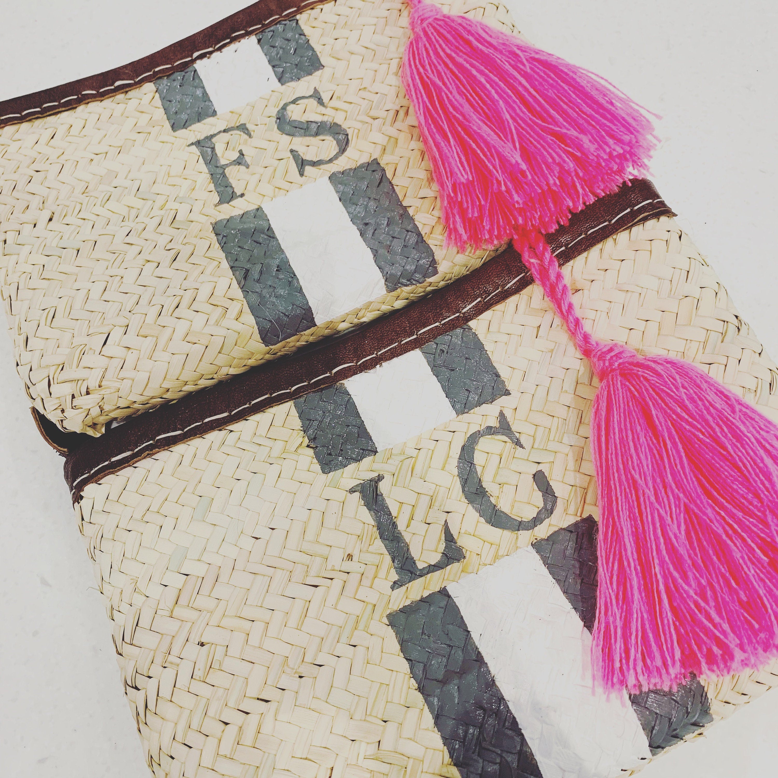 Personalised/Monogrammed Straw Clutch Bag, Leather Trim, Zip Fastening - 'Barcelona'-Pink Waters 