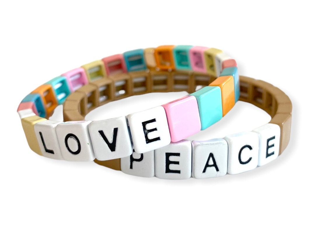 Enamel "Love" TILE Stacking Bracelet - Sage/Beige/Neutrals - Pink Waters 
