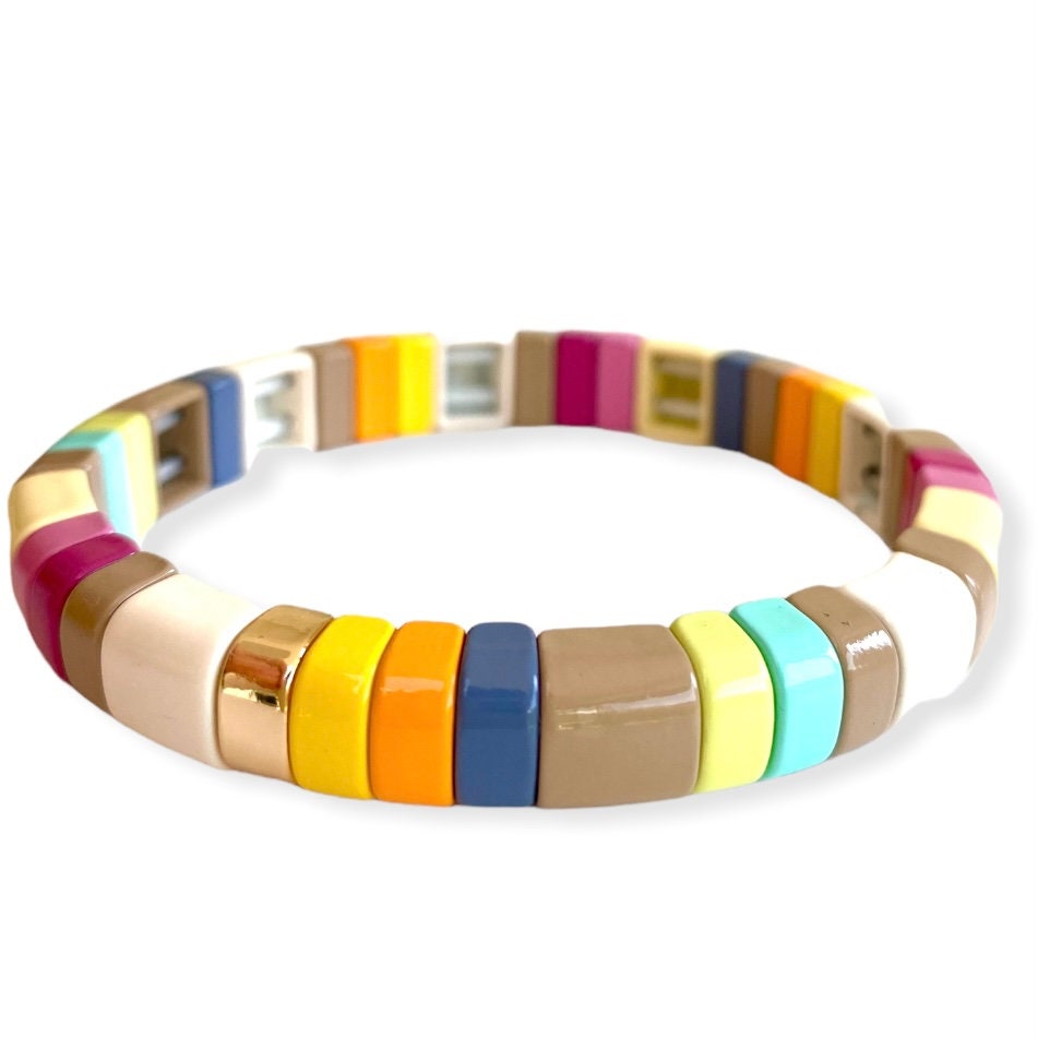 Enamel TILE Stacking Bracelet - Sage/Beige/Neutrals - Pink Waters 