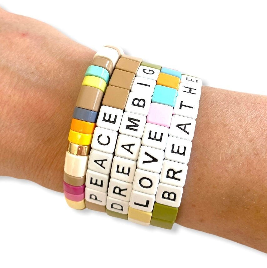 Enamel "Love" TILE Stacking Bracelet - Sage/Beige/Neutrals-Pink Waters 