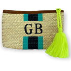 Personalised/Monogrammed Straw Clutch Bag, Leather Trim, Zip Fastening - 'Barcelona'-Pink Waters 
