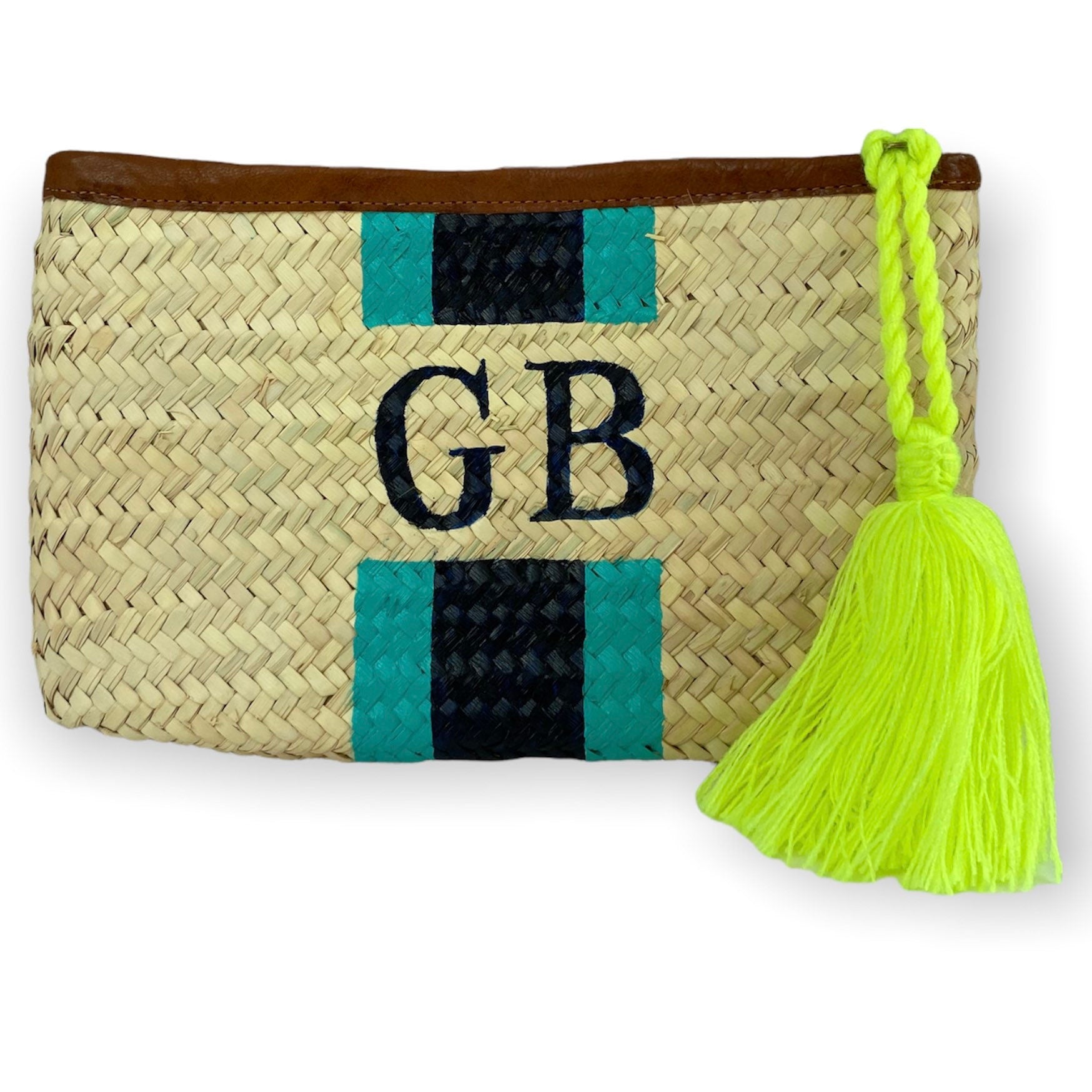 Personalised/Monogrammed Straw Clutch Bag, Leather Trim, Zip Fastening - 'Barcelona'-Pink Waters 