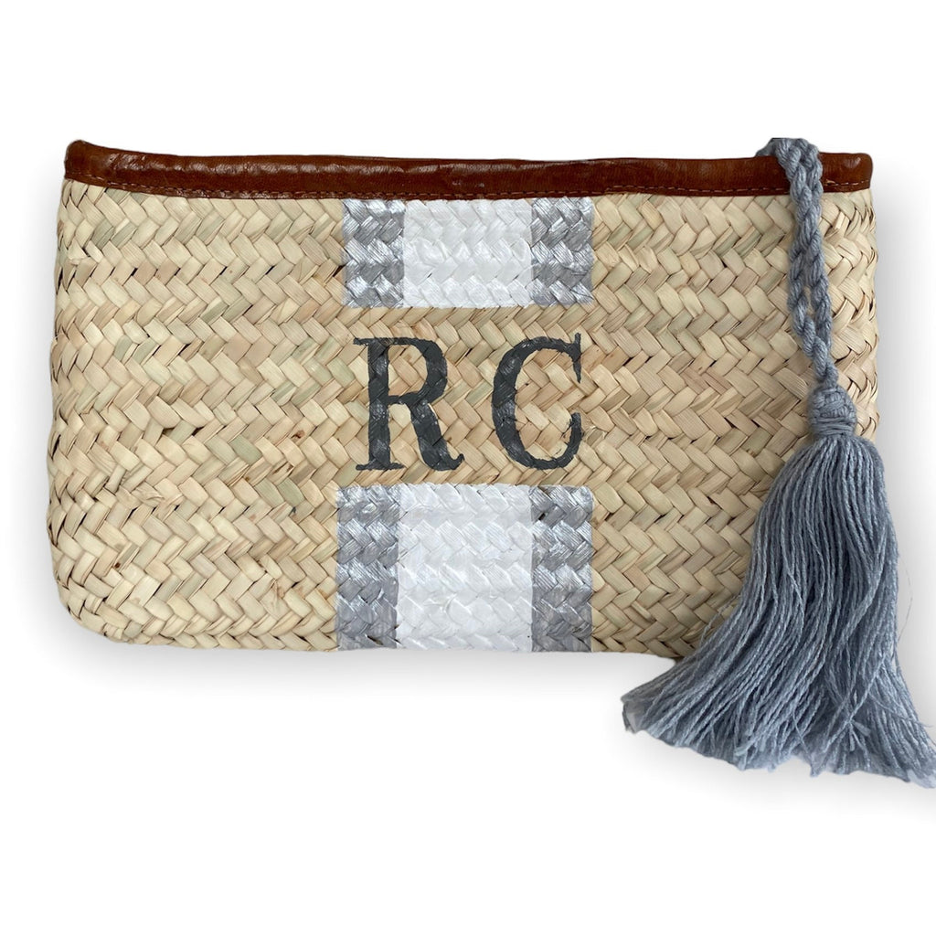 Personalised/Monogrammed Straw Clutch Bag, Leather Trim, Zip Fastening - 'Barcelona'-Pink Waters 