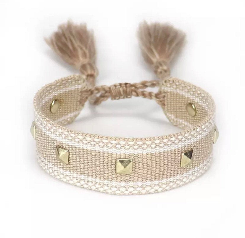 Canvas Studded Friendship Bracelet - Beige - Pink Waters 