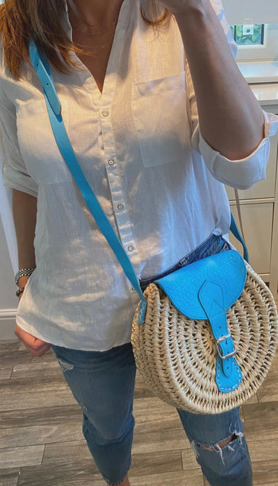 Crossbody Straw Bag - Blue - Pink Waters 
