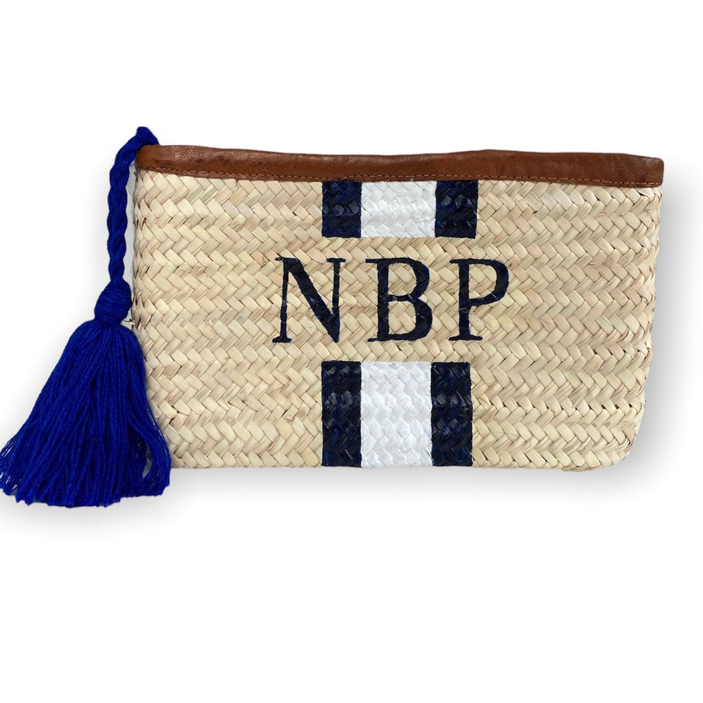 Personalised/Monogrammed Straw Clutch Bag, Leather Trim, Zip Fastening - 'Barcelona'-Pink Waters 