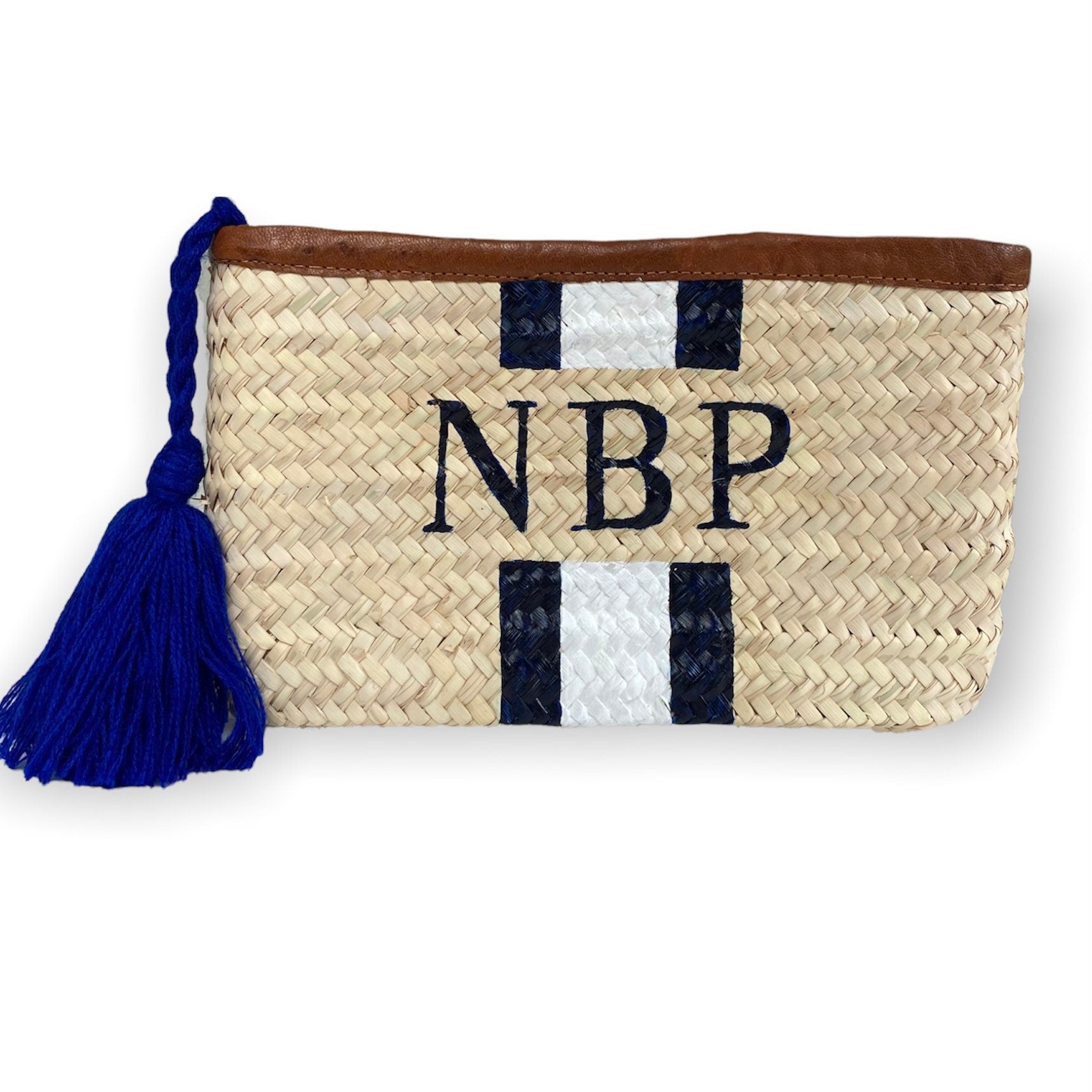 Personalised/Monogrammed Straw Clutch Bag, Leather Trim, Zip Fastening - 'Barcelona'-Pink Waters 