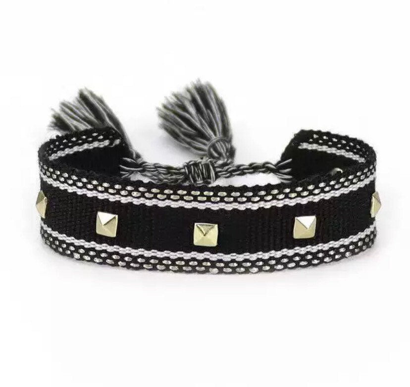 Canvas Studded Friendship Bracelet - Black - Pink Waters 