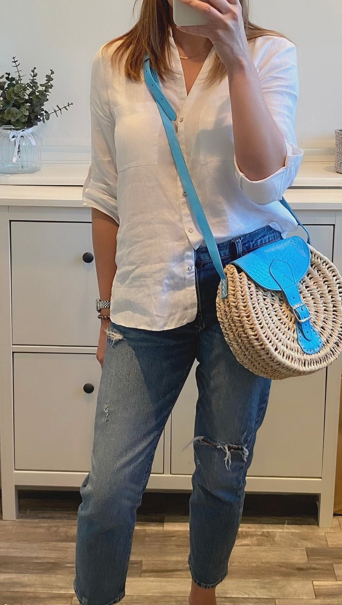 Crossbody Straw Bag - Blue - Pink Waters 
