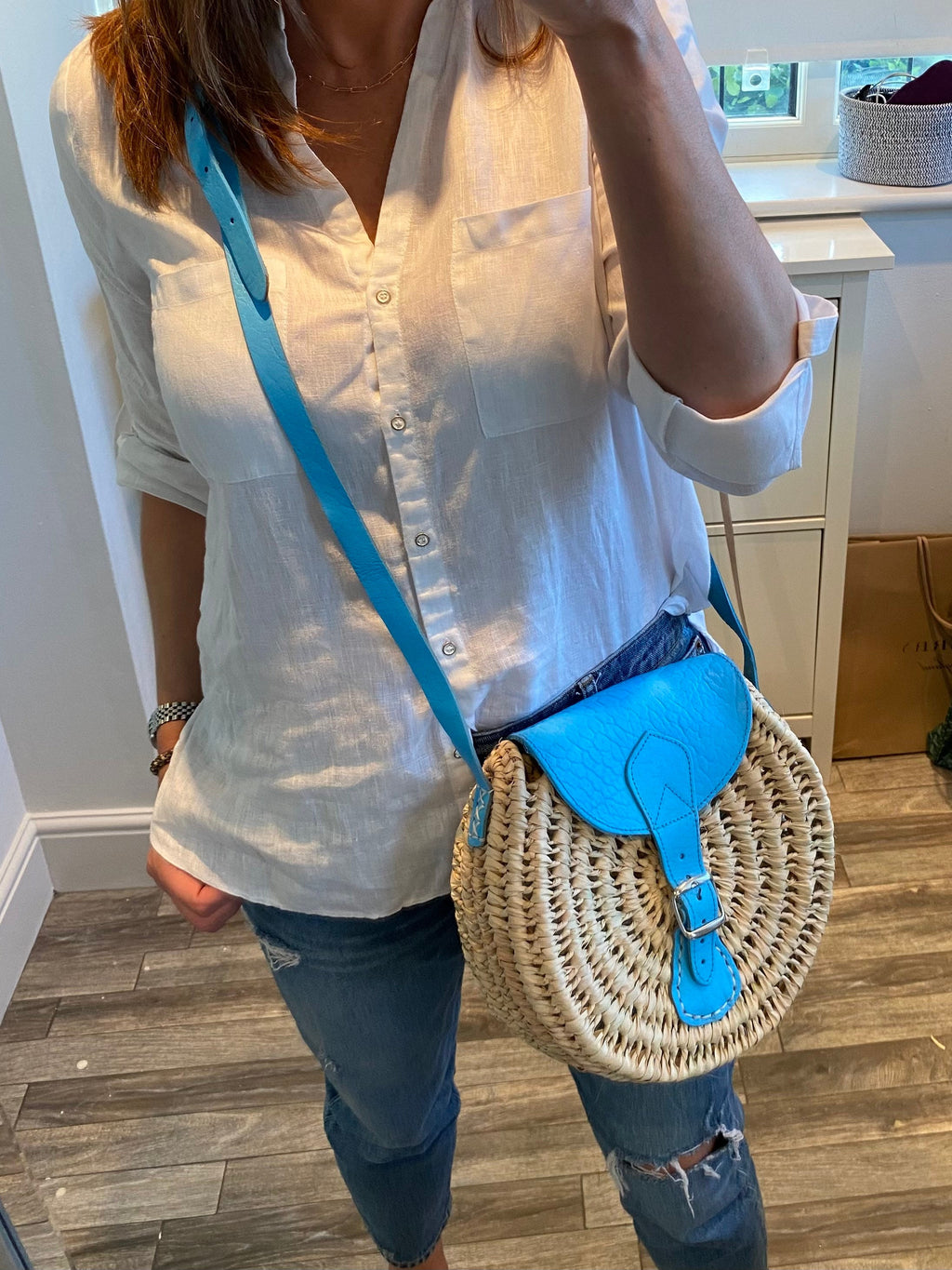Crossbody Straw Bag - Blue-Pink Waters 
