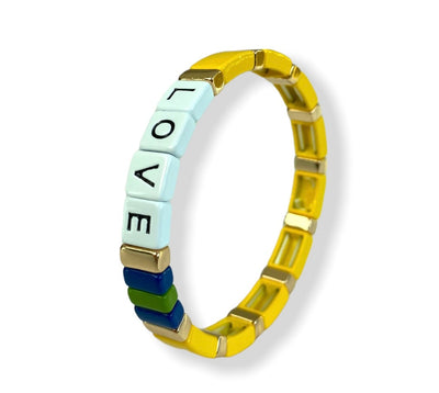 Enamel "LOVE" TILE Bracelet - Nude/Petrol Blue/Buttercup Yellow/Aqua - Pink Waters 
