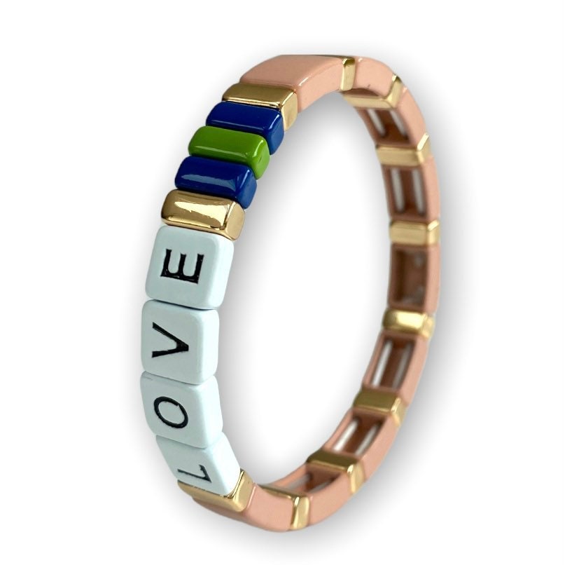 Enamel "LOVE" TILE Bracelet - Nude/Petrol Blue/Buttercup Yellow/Aqua - Pink Waters 