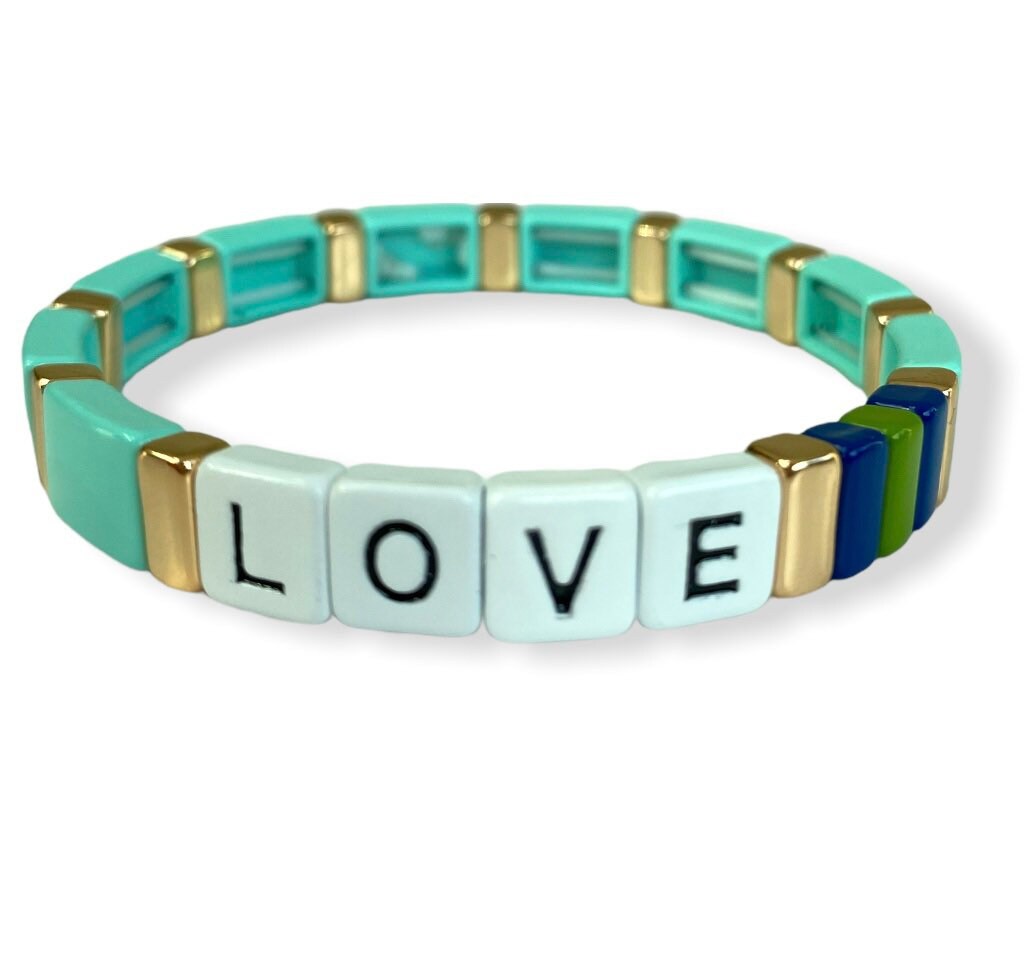 Enamel "LOVE" TILE Bracelet - Aqua-Pink Waters 
