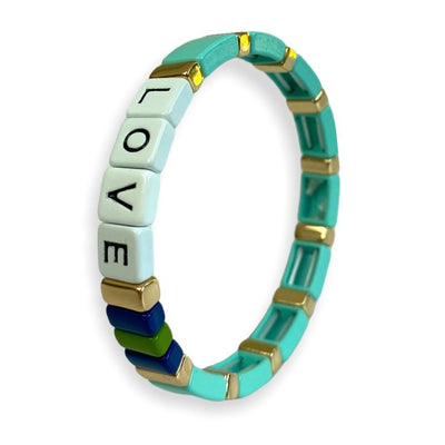 Enamel "LOVE" TILE Bracelet - Nude/Petrol Blue/Buttercup Yellow/Aqua - Pink Waters 