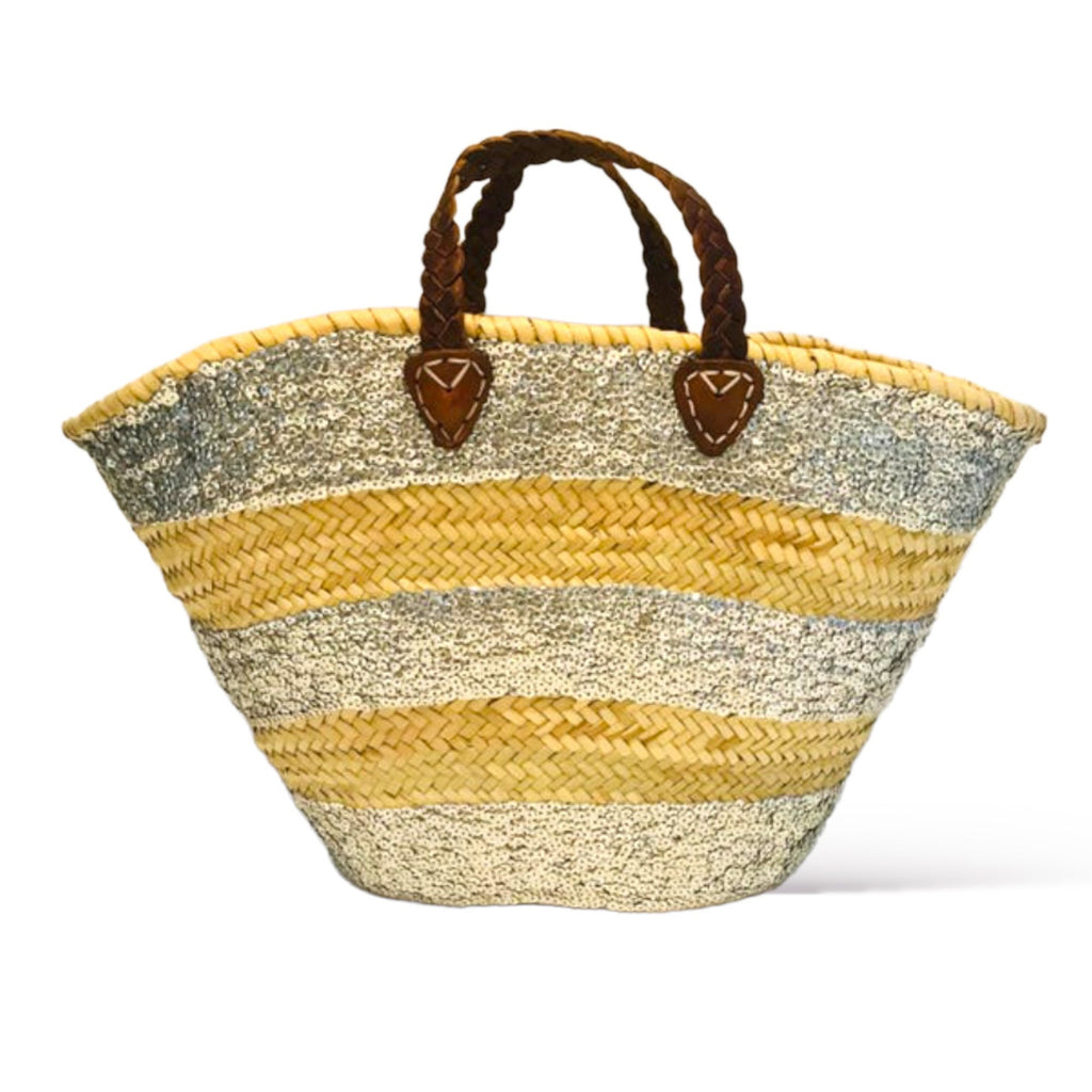 Stripe Sequin Straw Basket - Silver-Pink Waters 