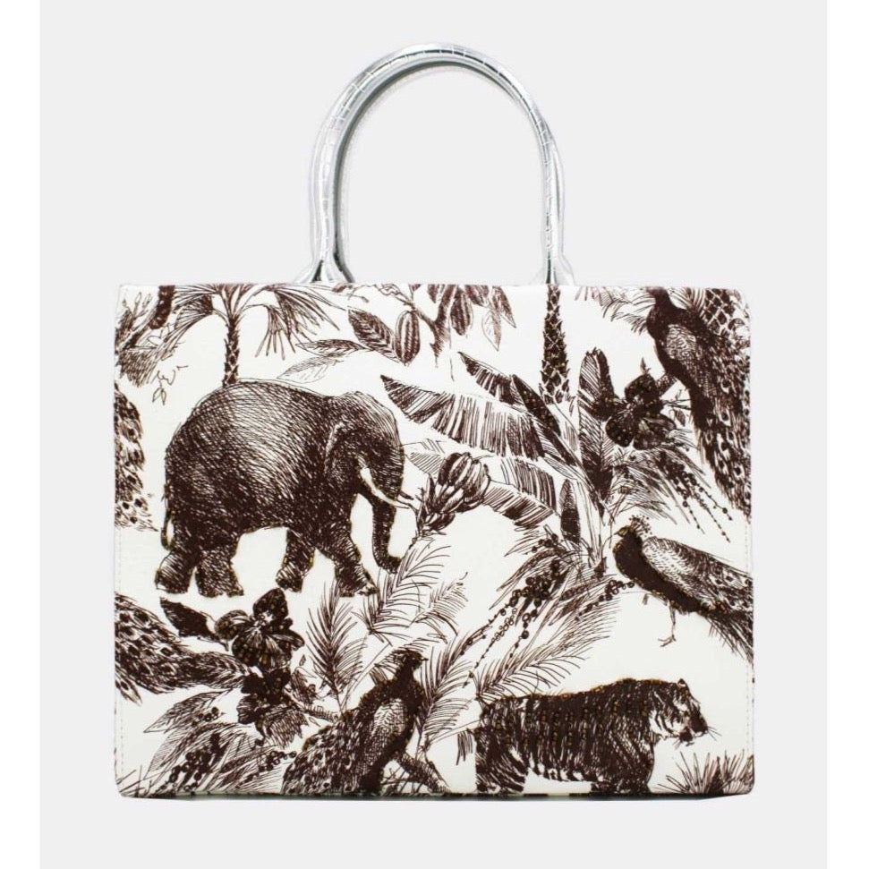 Elephant print canvas tote bag. 2 Colours. Brown or Black-Pink Waters 