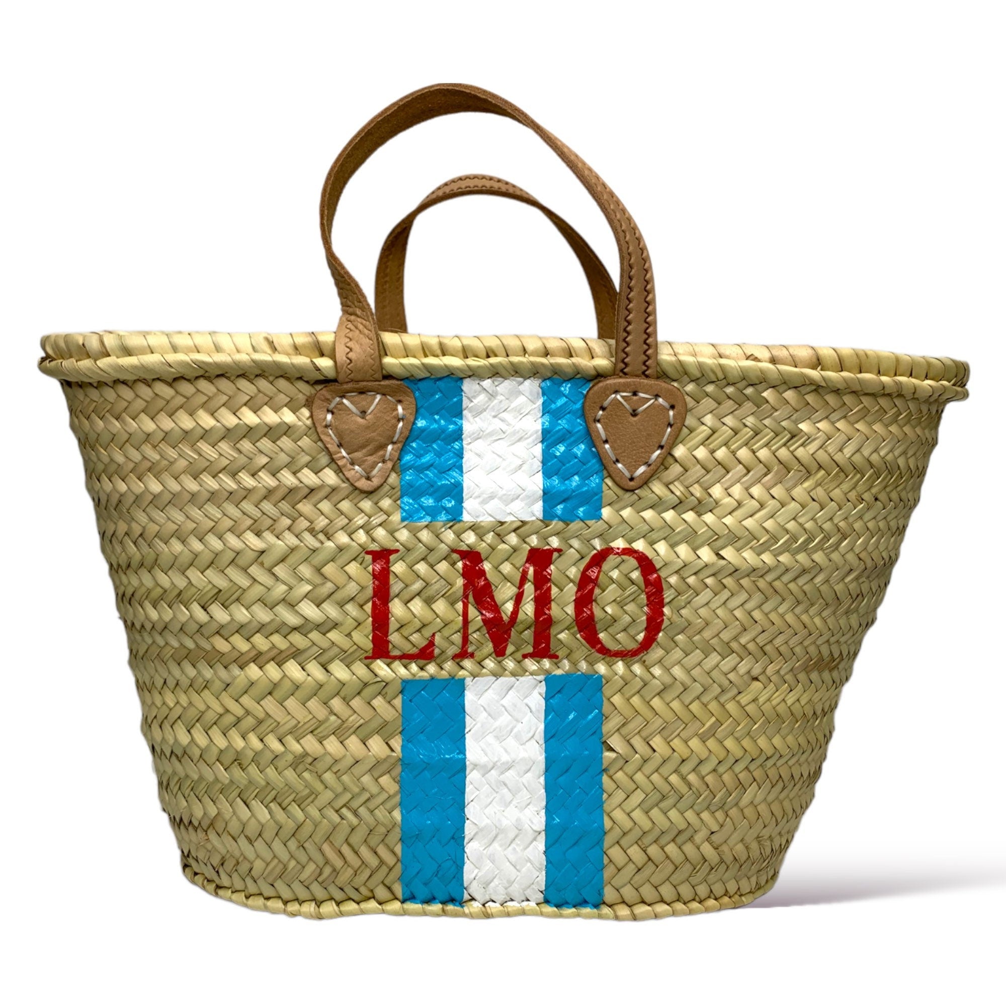 MAYA - Monogrammed Straw Basket-Pink Waters 