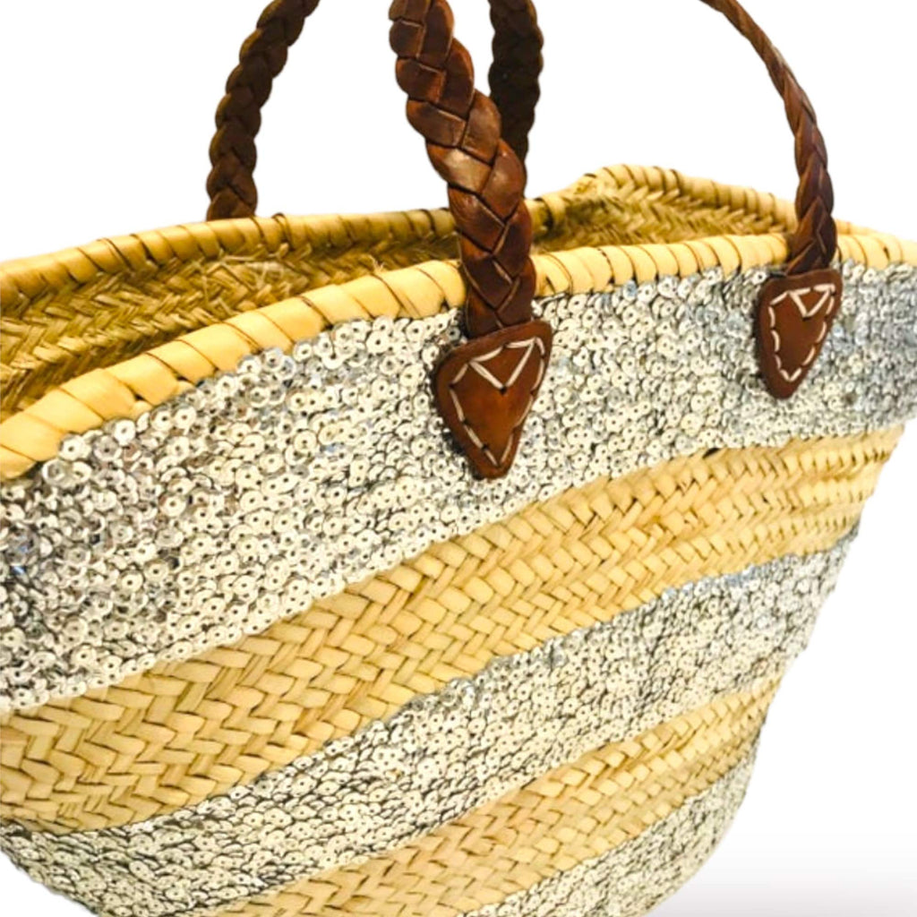 Stripe Sequin Straw Basket - Silver-Pink Waters 