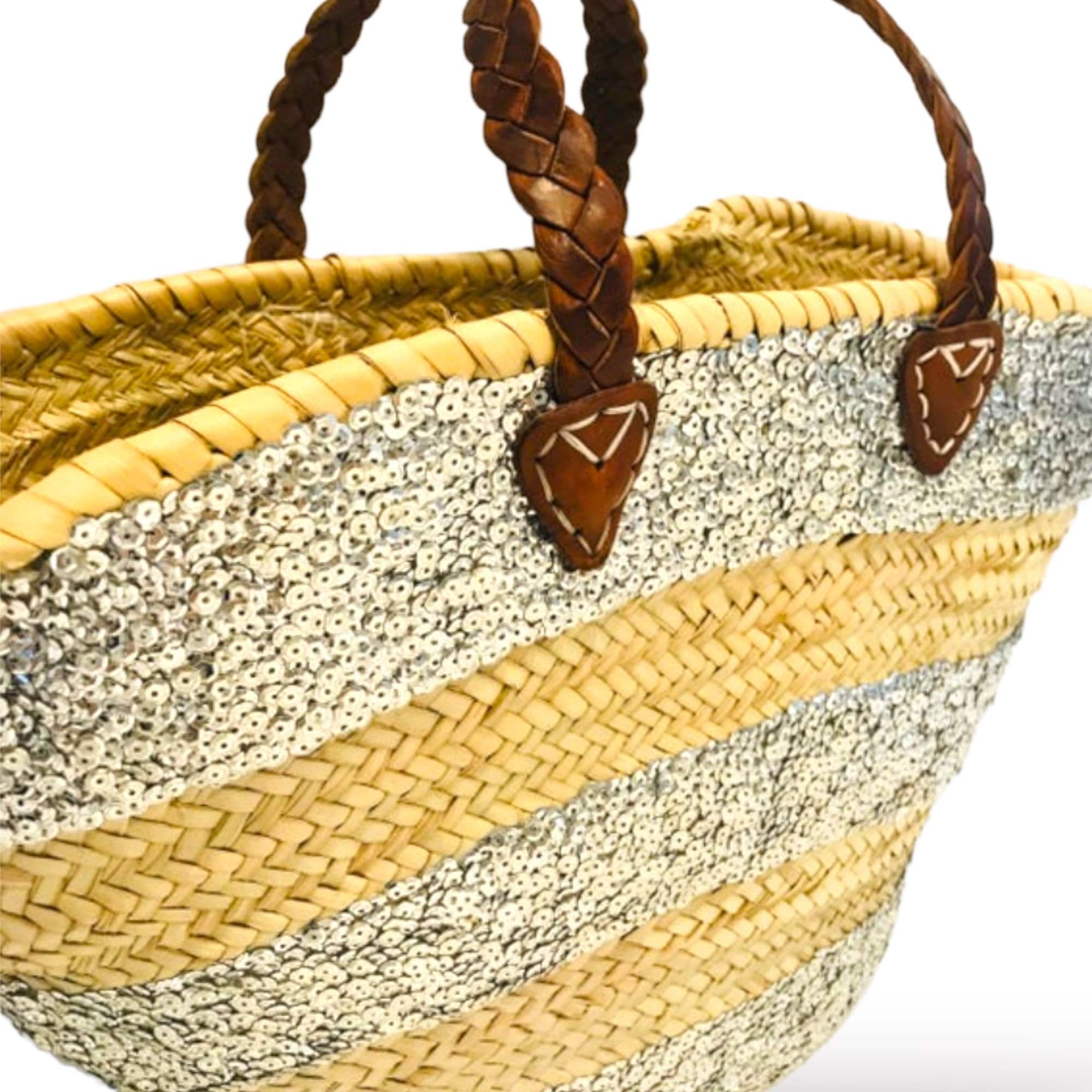 Stripe Sequin Straw Basket - Silver-Pink Waters 