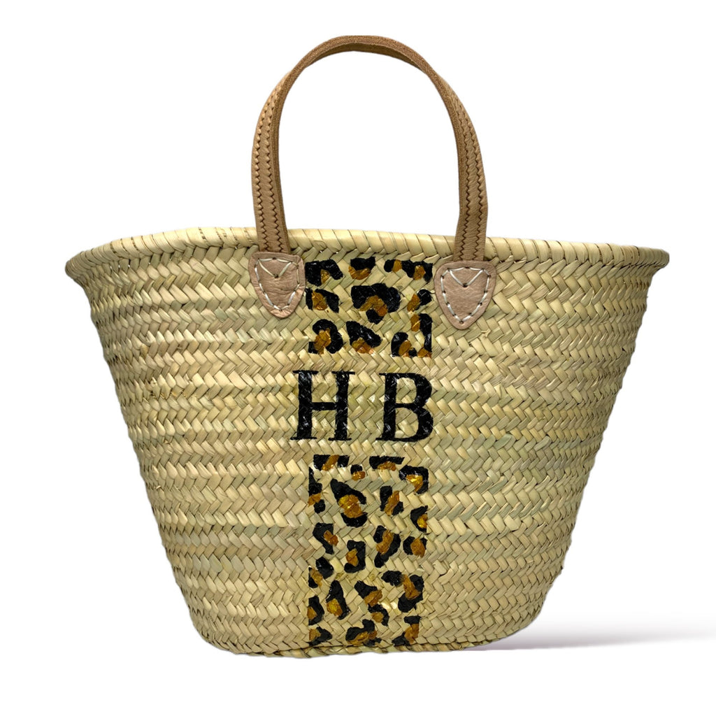 MAYA - Animal Print Monogrammed Straw Basket-Pink Waters 