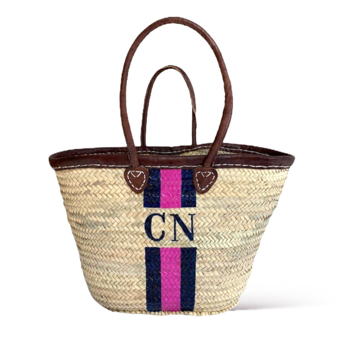 CANNES Monogrammed Straw Basket with Dark Leather Handles